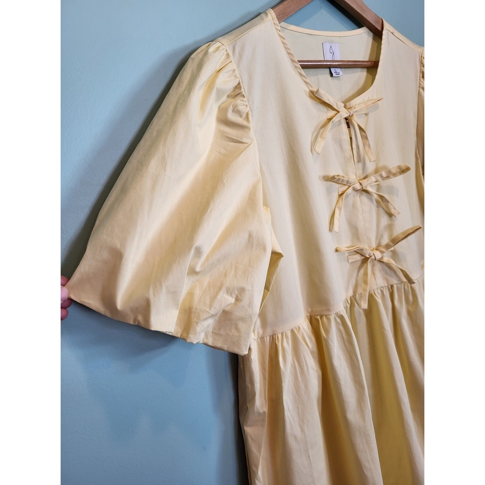 New Joie Butter Yellow Babydoll Puff Sleeve Bow Pockets Dress Sz L - Picture 4 of 8